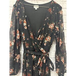 Premier Amour Black Floral Long Sleeve Wrap Maxi Dress Tie Belt SZ 14